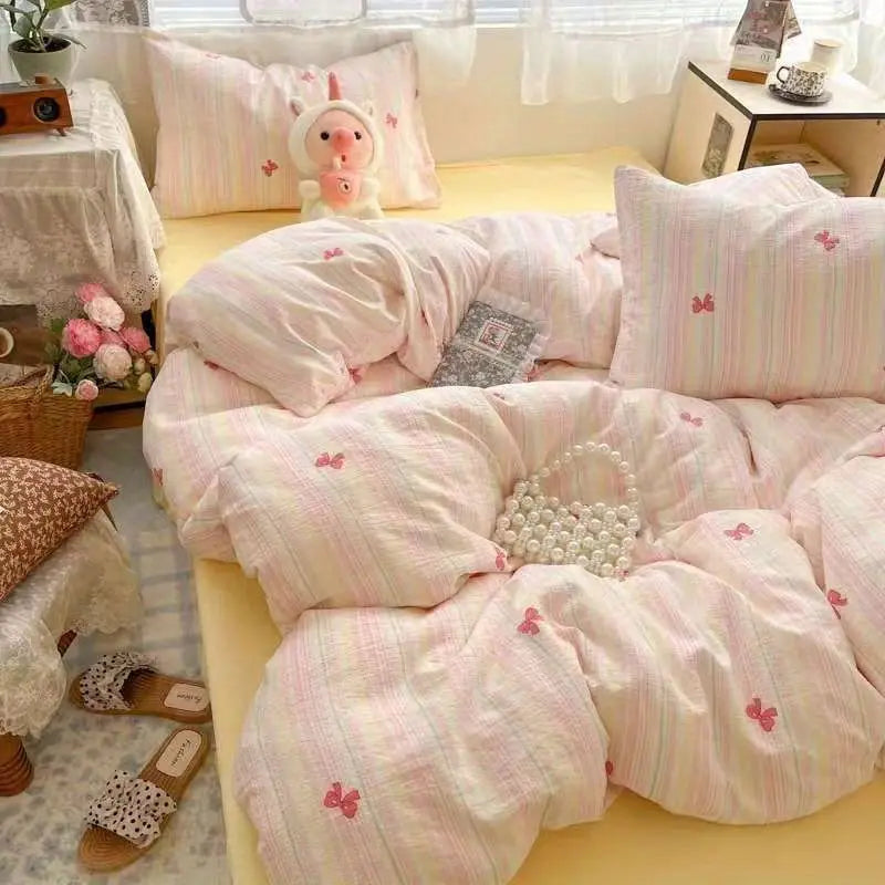 Butterfly Ins Duvet Cover Set No Filler Pillowcase Flat Sheet Korean Style Single Queen Size Girls Boys Home Hotel Bedding Set