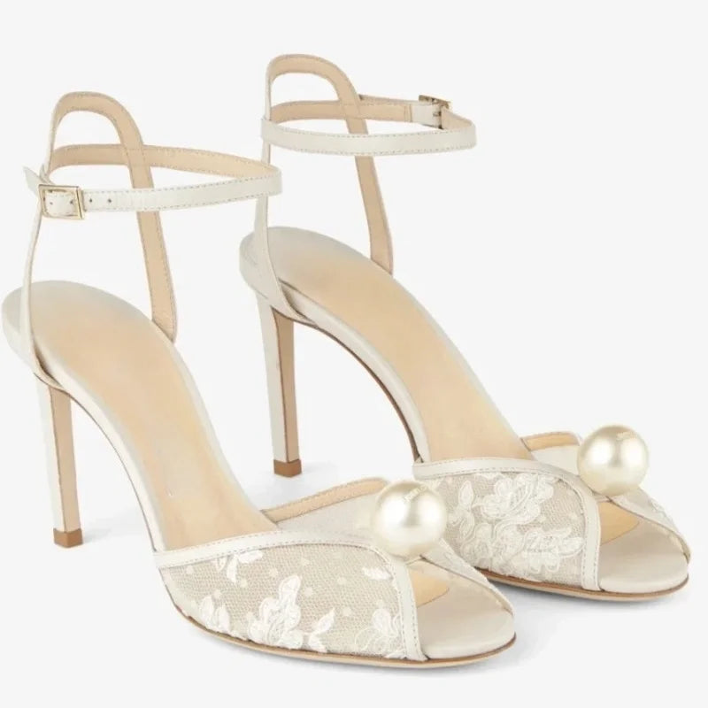 White Mesh Pearl Banquet Shoes