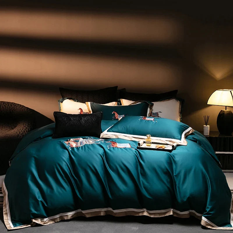 1000TC Satin Egyptian Cotton Bedding Set, Horse Embroidery, Queen, King, Duvet Cover Set, Flat/Fitted Bed Sheet, Pillowcases