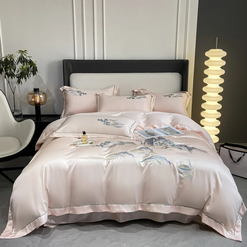 4Pcs Chinese Style Landscape Embroidery Luxury Bedding Set