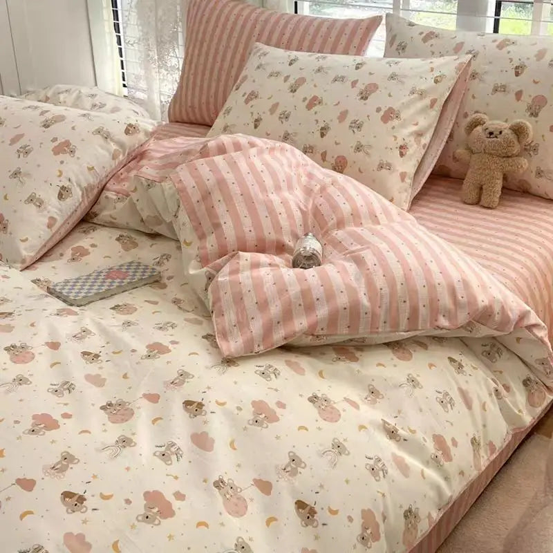 Cute Cat Duvet Cover Set with Zipper Flat Bed Sheet Pillowcases No Filler Twin Queen Size Girls Boys Gift Cartoon Bedding Set