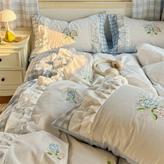 Korean Princess Style Double Layer Lace Flower Embroidery 100% Cotton Bedding Set