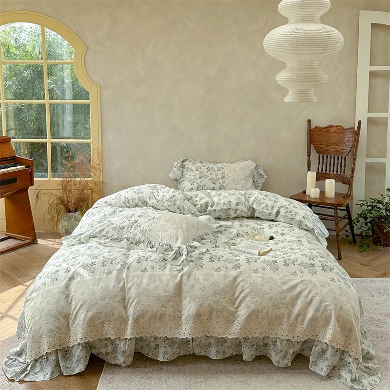 French Vintage 100% Cotton Lace Ruffles Floral Princess Bedding Set