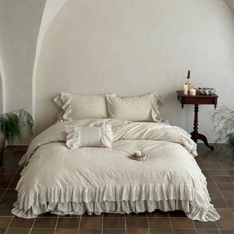Vintage Jacquard Double Layer Butterfly Lace Ruffles Bedding Set