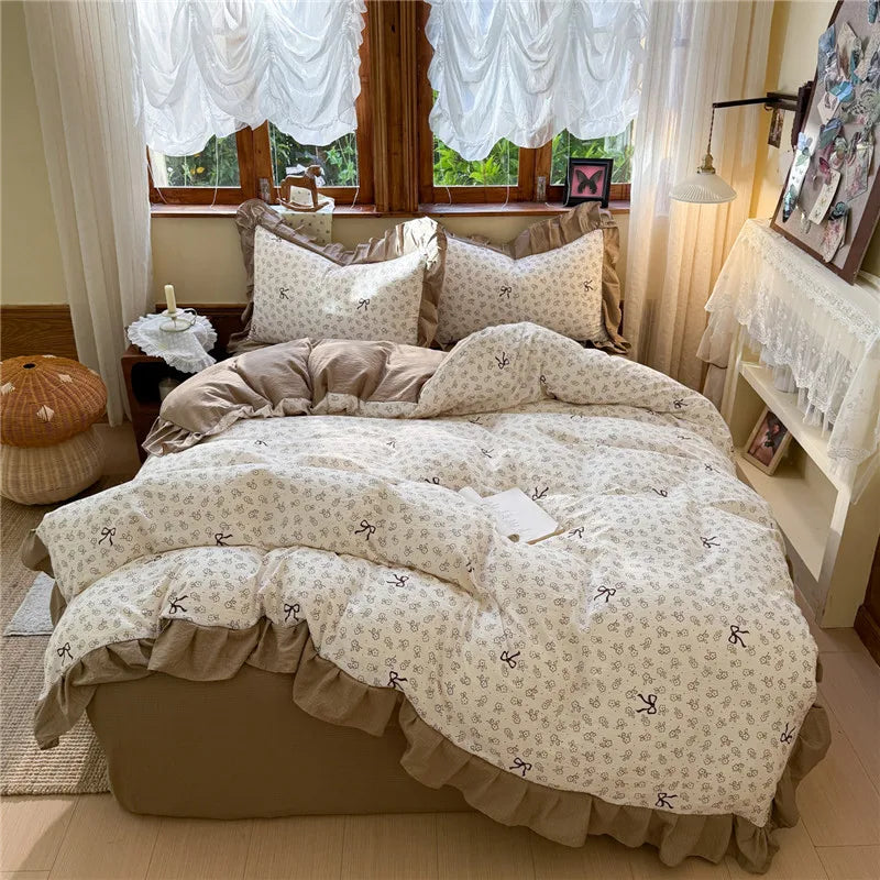3/4Pcs Korean Princess Style Floral Printing Bedding Set