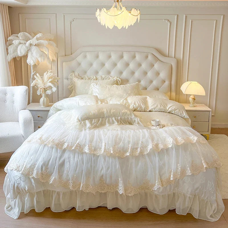 4/6Pcs Pink Butterfly Jacquard Three-layer Lace Ruffles Princess Wedding Bedding Set