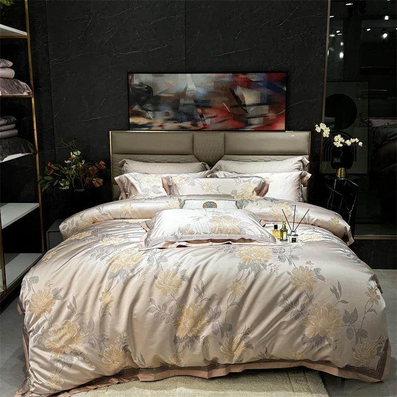 1000TC Egyptian Cotton Soft Silky Satin Jacquard Flowers Luxury Bedding Set