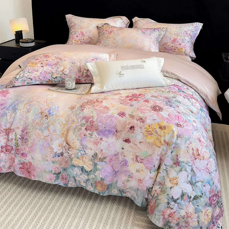 1000TC Egyptian Cotton Blooming Flowers Prints Luxury Queen King Size Bedding Set