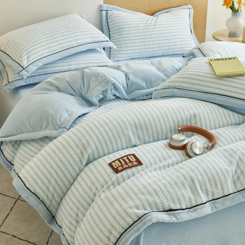 Japanese Striped Milk Velvet Bedding Set