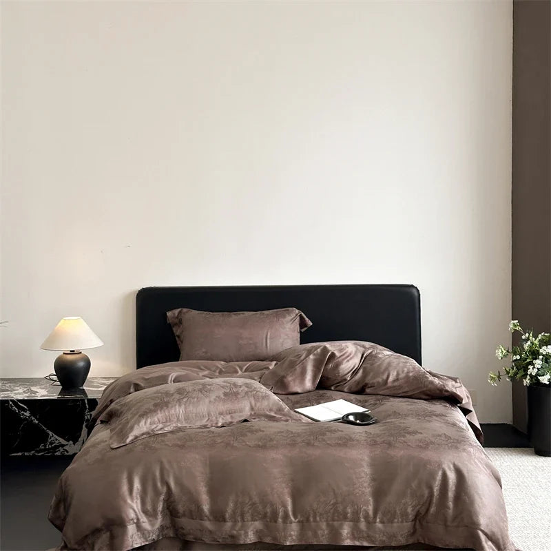 Luxury Lyocell Cotton Jacquard Bedding Set, Scenic Pattern Duvet Cover Set with Pillowcases, Soft Bed Sheet/Fitted Sheet, 4Pcs