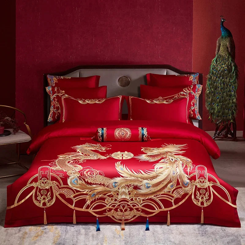 4/6/9Pcs Red Luxury Chinese Wedding Style Dragon Phoenix Embroidery Bedding Set