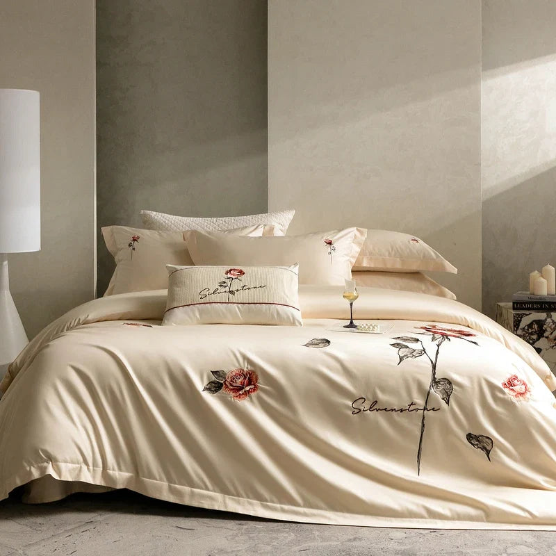 Luxury Rose Flowers Embroidery 100% Cotton Red Bedding Set