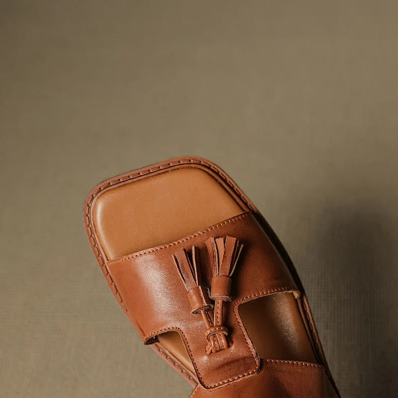 cowhide mid heeled tassel tightly fastened open toed fish mouth Shoes