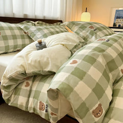 Thickened 4Pcs Bed Set Pure Cotton Long Staple Cotton Soft Bed Sheet Fitted Sheet Duvet Cover