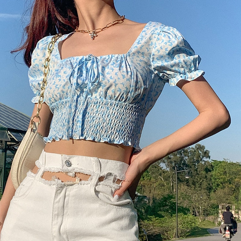 Blue Barry Butterfly Print Crop Top