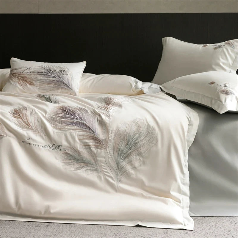 Luxury Feather Embroidery 100% Cotton Bedding Set