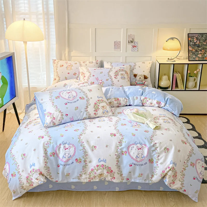 Heart Pattern 100% Cotton Duvet Cover Set with Flat Sheet or Fitted Sheet 3/4 Pcs Soft Breathable Queen King Size Bedding Set
