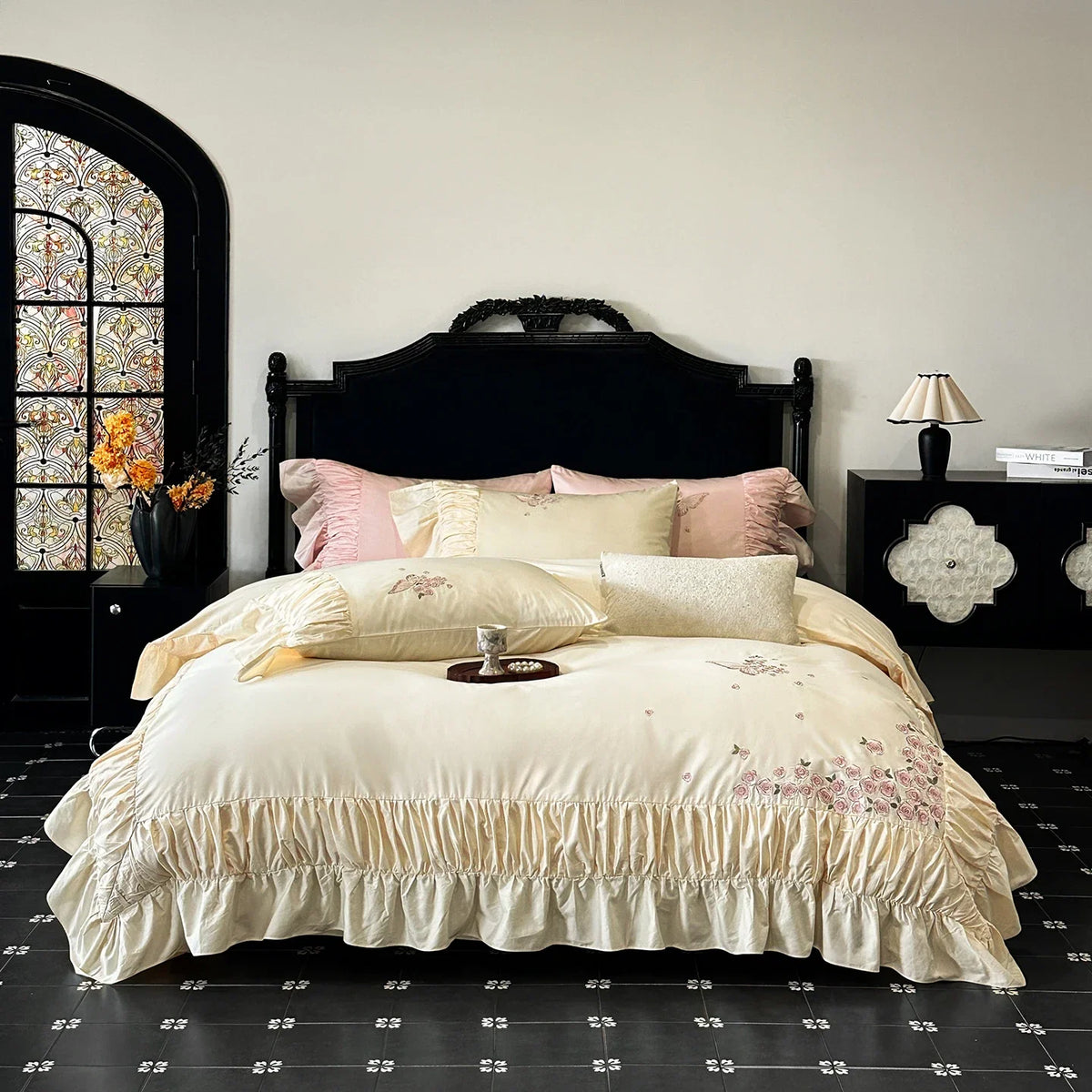 Luxury Rose Butterfly Embroidery Ruffles Princess Bedding Set
