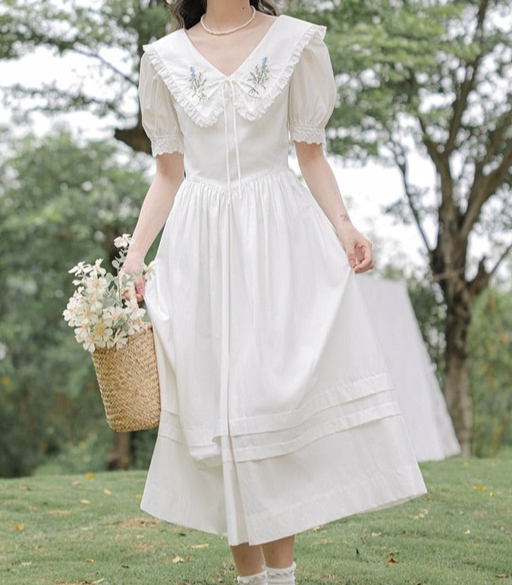 Heidi Flower Embroidered White Cottagecore Dress
