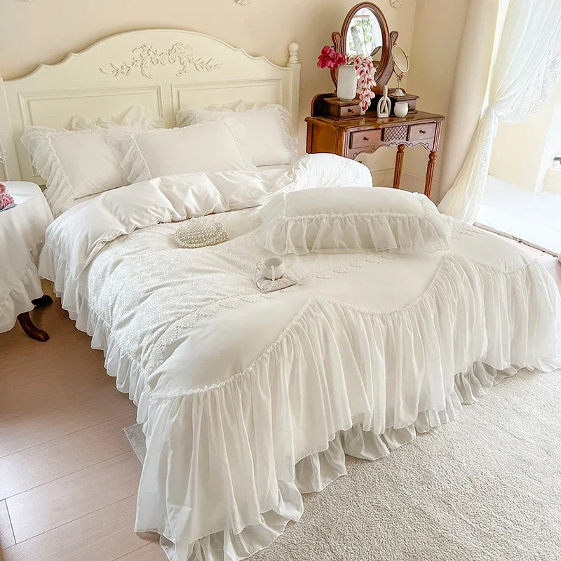 4/6Pcs White Pink Princess Wedding Bedding Sets
