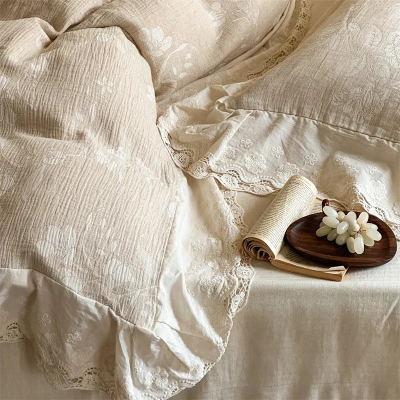 Vintage Floral Jacquard Cotton Linen Blend Lace Embroidery Luxury Bedding Set