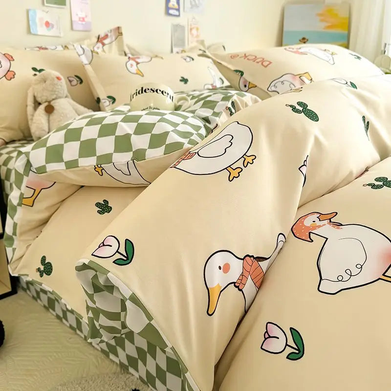 Cute Cartoon Duvet Cover Set No Filler Ins Full Queen Size Comforter Cover Sheet Pillowcase Skin-friendly Girl Home Bedding Set