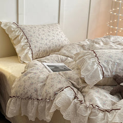 100% Cotton Korean Princess Style Lace Ruffles Flower Print Bedding Set