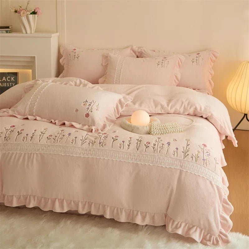 Pink Flowers Embroidery Lace Ruffles Velvet Luxury Bedding Set