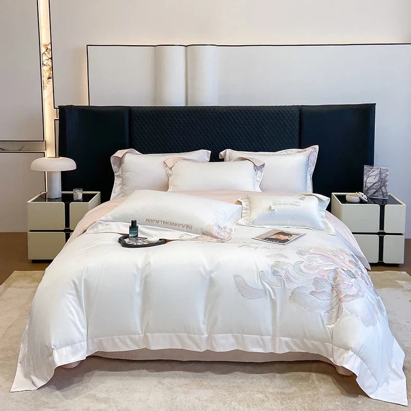 100% Egyptian Cotton Flowers Embroidery Luxury Bedding Set