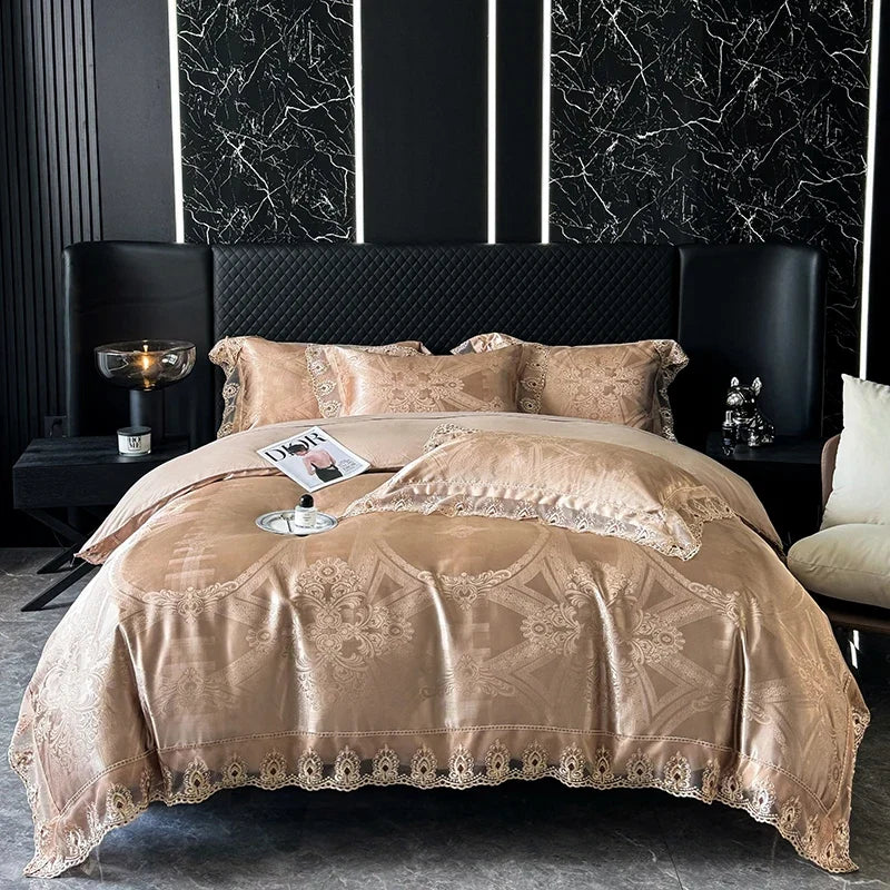 Luxury Euro Gold Satin Jacquard Lace Bedding Set