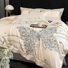 100% Cotton Chic Butterfly Flowers Embroidery Luxury Bedding Set