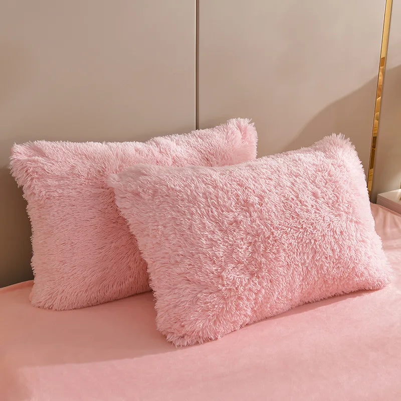 Solid Color Fluffy Long Plush Winter Bedding Set