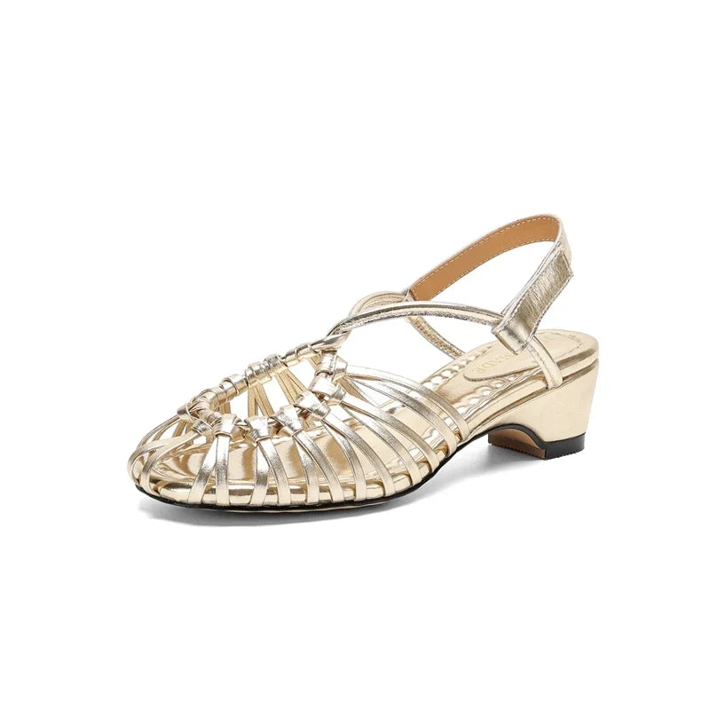 leather cowhide midsole hollow breathable elastic Velcro toe woven round toe Roman Shoes