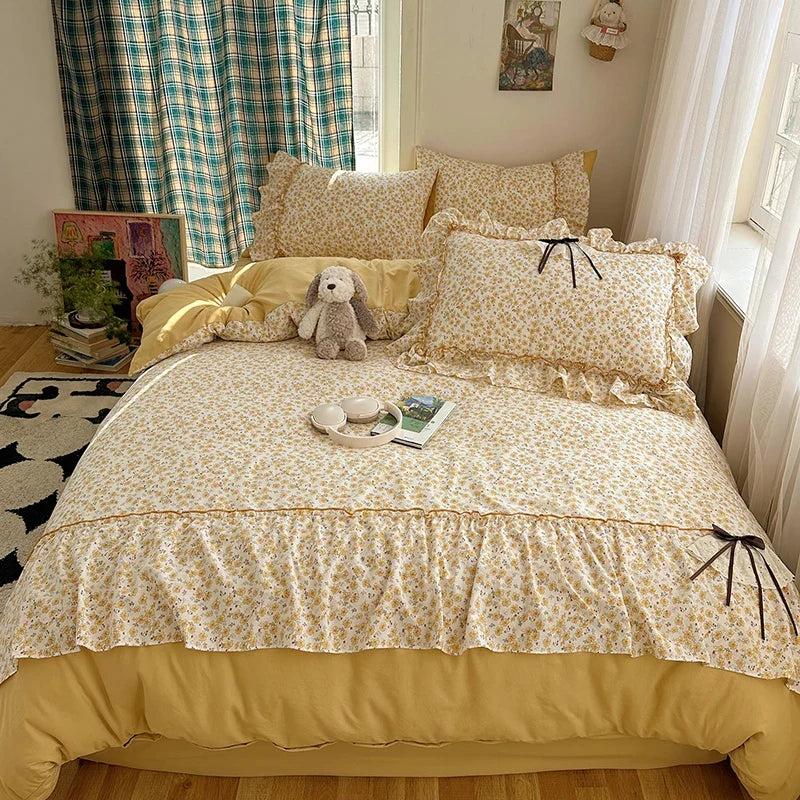 3/4Pcs Korean Princess Style Bow Ruffles Bedding Set