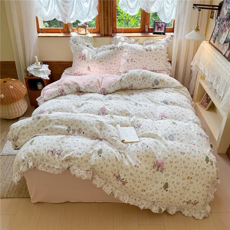 3/4Pcs Korean Princess Style Floral Printing Bedding Set