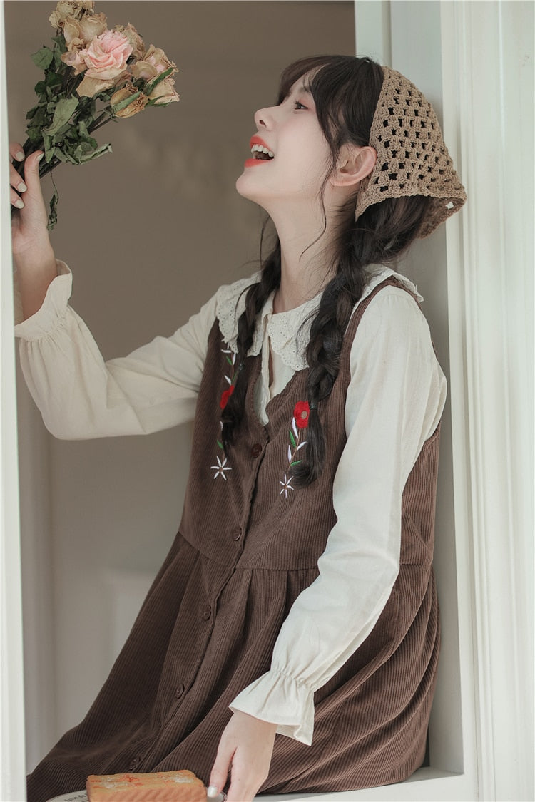 Meadow Petal Corduroy Flower Embroidered Cottagecore Dress