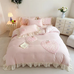 3/4Pcs French Princess Style Washed Cotton Embroidered Pink Rose Bed Skirt Fitted Sheet 200X230 Quilt Cover Bedding Set