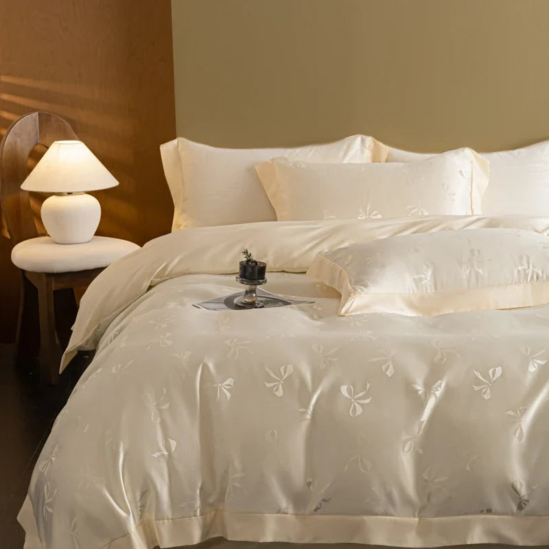 European Luxury Jacquard Ice Silk Duvet Cover Set Fashion Bow Pattern Queen King Bedding Set