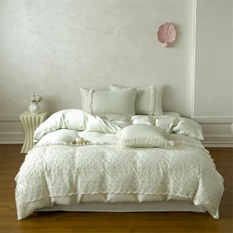 Princess Style Pink Floral Lace Embroidery 600TC Lyocell Bedding Set