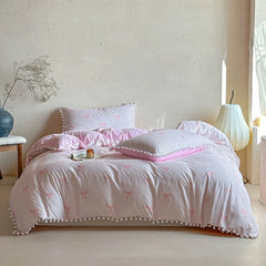 Cute Pink Bow Print Duvet Cover Set Soft Skin-friendly Striped Quilt Cover Pom Pom Queen King Size Bedding Set
