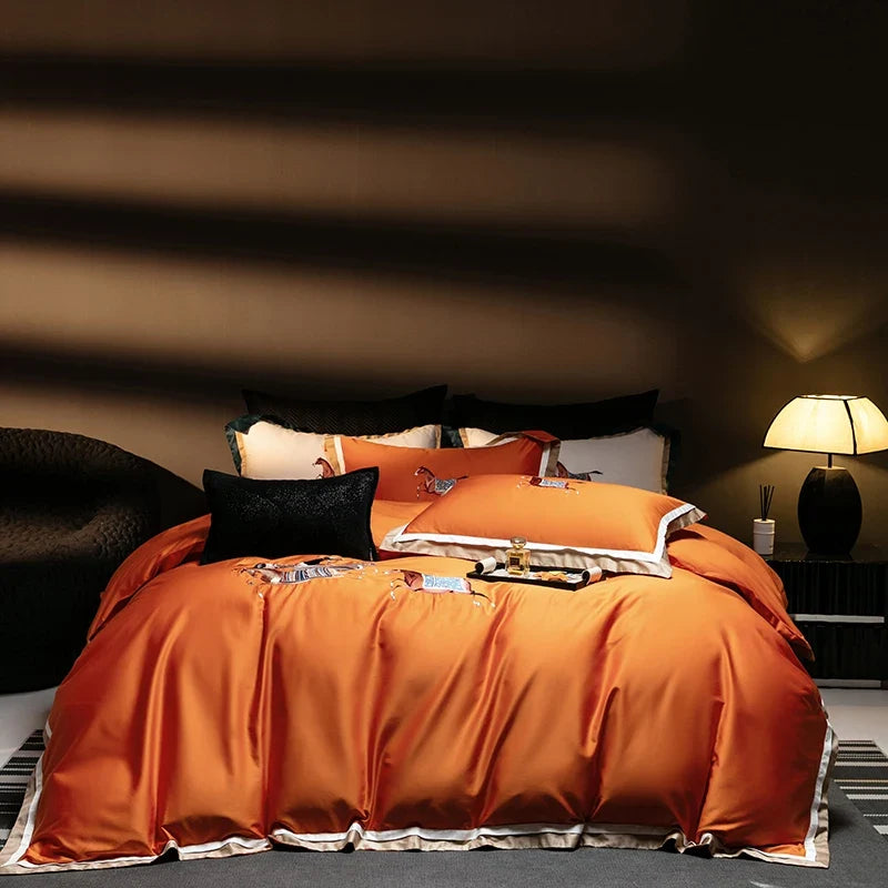 1000TC Satin Egyptian Cotton Bedding Set, Horse Embroidery, Queen, King, Duvet Cover Set, Flat/Fitted Bed Sheet, Pillowcases