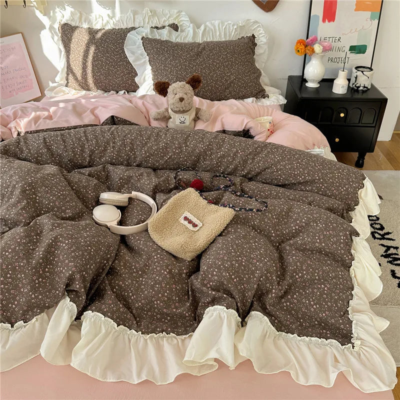 3/4Pcs Korean Princess Style Floral Ruffles Bedding Set