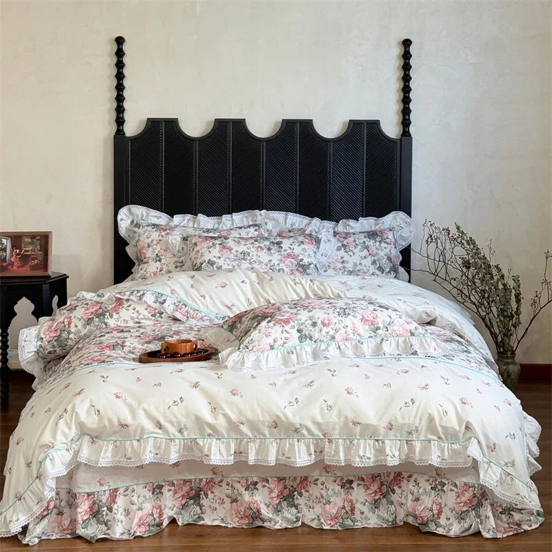 100% Cotton Vintage Countryside Floral Print Ruffle Bedding Set