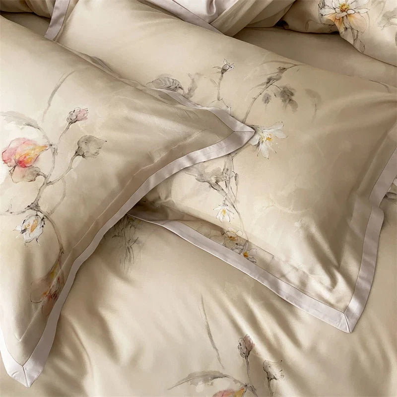 Luxury Lyocell Cotton Bedding Set, Watercolor Floral Print, Silky Soft Cooling Duvet Cover Set Flat/Fitted Sheet Pillowcase 4Pcs