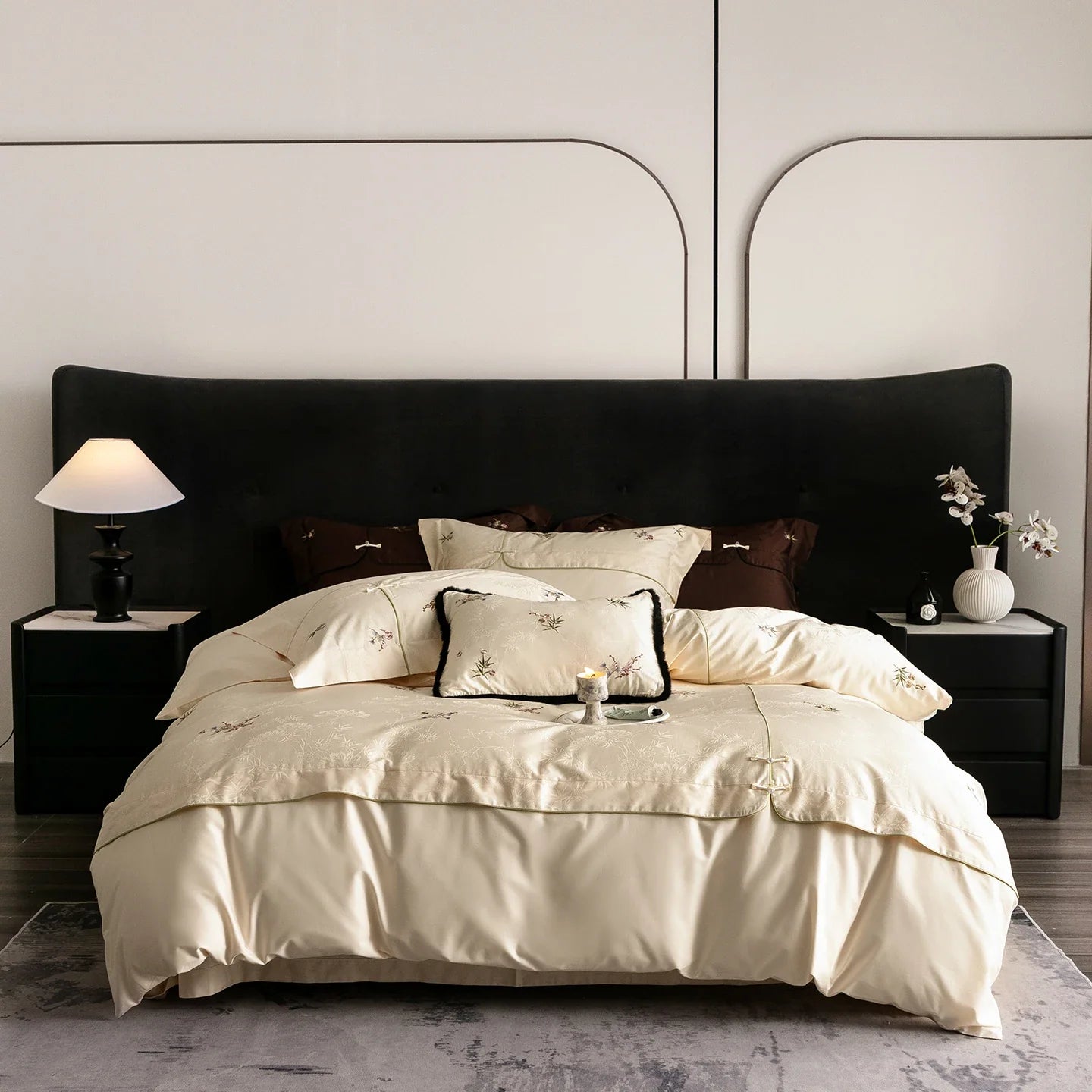 Chinese Style Bamboo Jacquard Plum Blossom Embroidery Egyptian Cotton Luxury Bedding Set