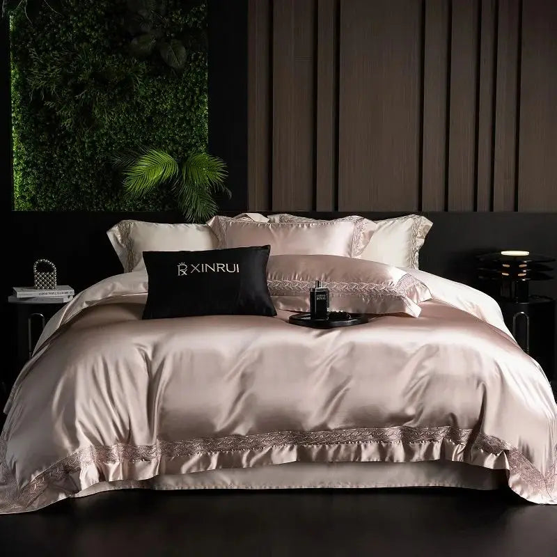 1000TC Egyptian Cotton Soft Silky Brocade Lace Champagne Luxury Bedding Set