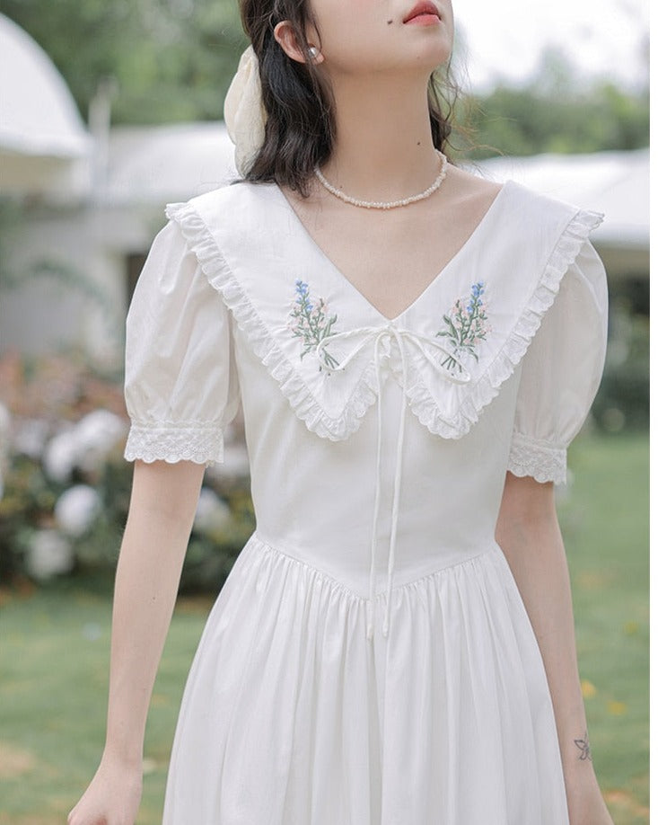 Heidi Flower Embroidered White Cottagecore Dress