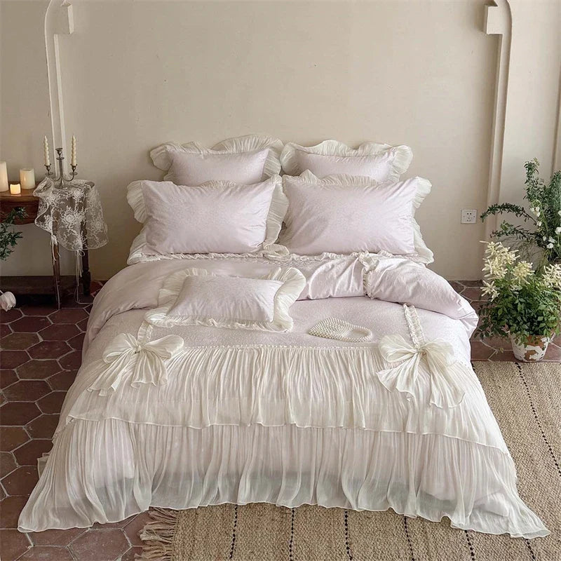 4Pcs Pink Ruffle Bow Lace Princess Wedding Bedding Set