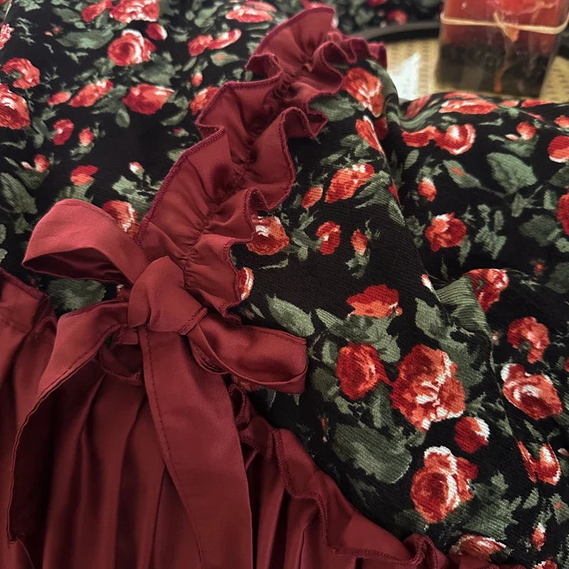 Vintage Floral Pleated Ruffles Bow 1000TC Egyptian Cotton Bedding Set