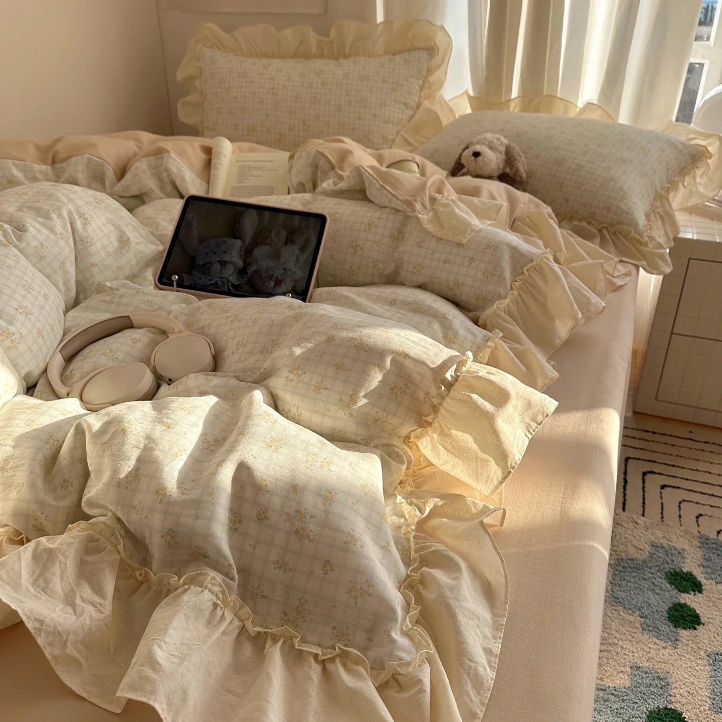 100% Cotton Korean Princess Style Floral Ruffles Bedding Set